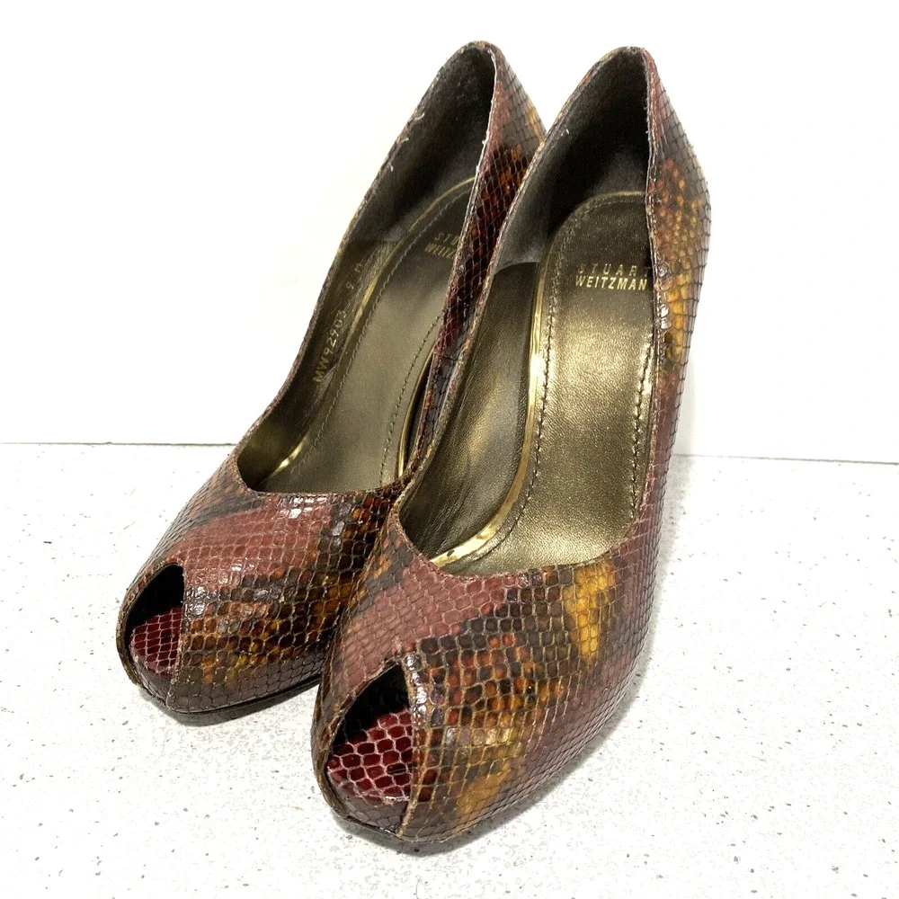 Stuart Weitzman 'Victoria' Brown Python high heel platform peep toe pumps US 9M